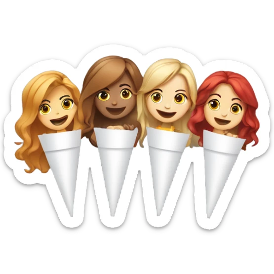 Four girls one with red hair, two with light brown hair, one with blonde hair, holding a paper cone in their mouth with smoke coming out of it ￼ sticker