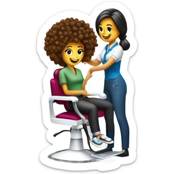 “Create an emoji depicting a hairdresser styling a client’s hair. The hairdresser is holding scissors or a comb, and the client is sitting on a chair. Include details such as the client’s hair and professional tools in the hairdresser’s hands.” sticker