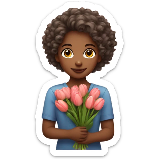 Girl with curly hair holding a bouquet of tulips  sticker