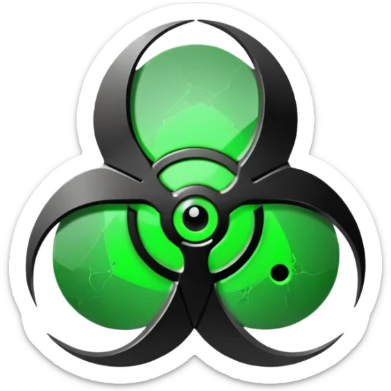 Minimalist emoji-style sticker of a fractured biohazard symbol with a small eye in the center. Stylized, geometric, no text.
 sticker