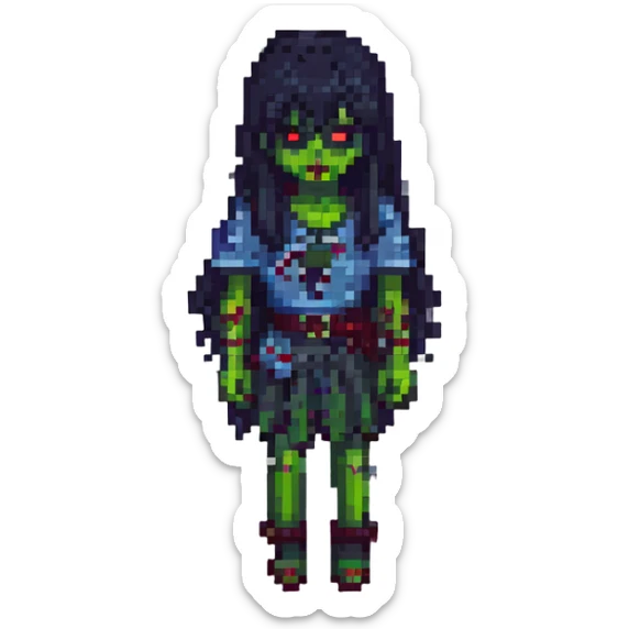 a zombie girl with black long hair and bangs, pixel art style, retro, 8-bit sticker