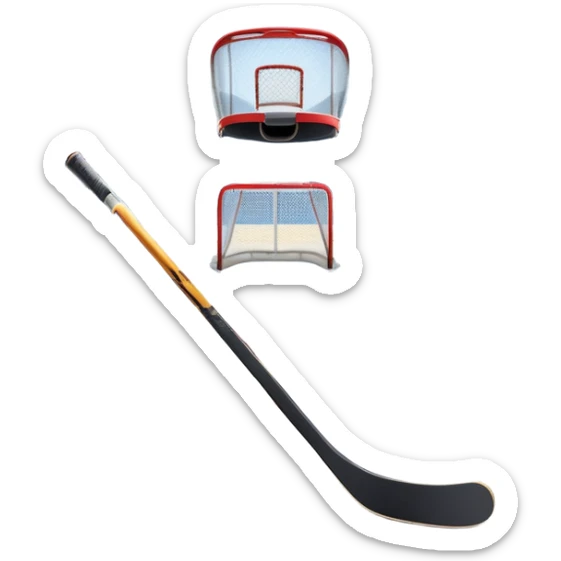 An icon showing a hockey stick, puck, skates, and goalposts on the ice. The background features a large hockey stadium with cheering fans, bright lights, and a snowy landscape visible through the arena. Transparent background highlights the main hockey equipment and atmosphere. sticker