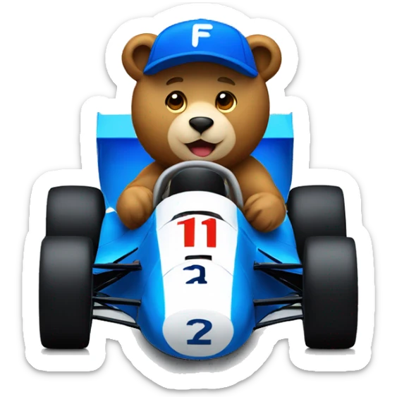 Please make an emoji of a bear driving an F1 race car with a blue baseball cap sticker