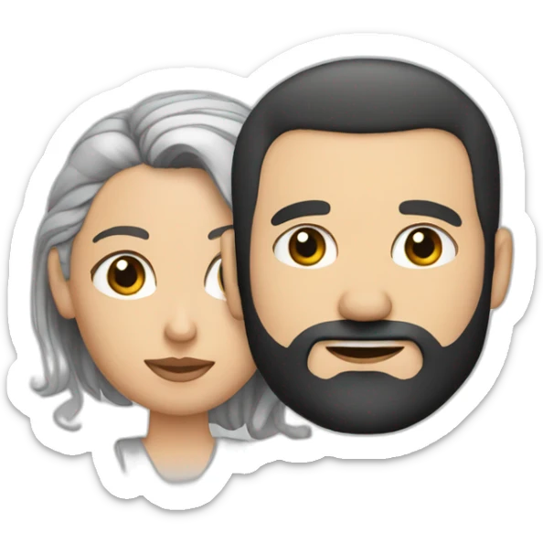 white man with black buzz cut and beard hanging matt woman with wavy dark hair sticker