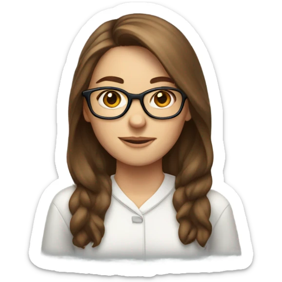 white girl, long brown hair behind ears with glasses, laptop sticker