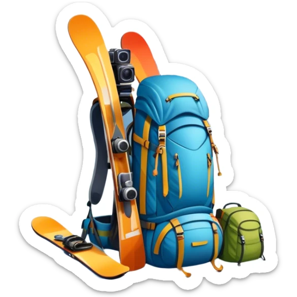 Icon for Mountain Tourism: a snowy peak with skis, a snowboard, climbing equipment, a backpack and a camera. The icon should represent the adventure and excitement of mountain travel and outdoor exploration. Transparent background. sticker