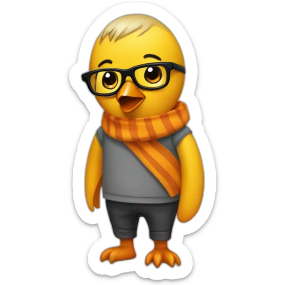 Club-Pengun-yellow penguin with black glasses dirtyblonde hair with orange tshirt and gray striped scarf sticker