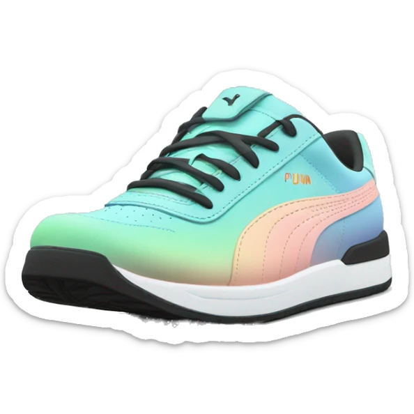 Realistic pair of pastel blue pastel green peach and black ombre Puma sneakers isolated.  sticker