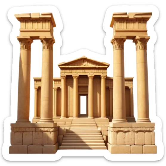 Baalbek temple – Cinematic Realistic Baalbek Temple, depicted as an ancient Roman temple complex with towering columns and intricately carved stone details, bathed in golden sunlight and dramatic shadows that evoke timeless historical grandeur. sticker
