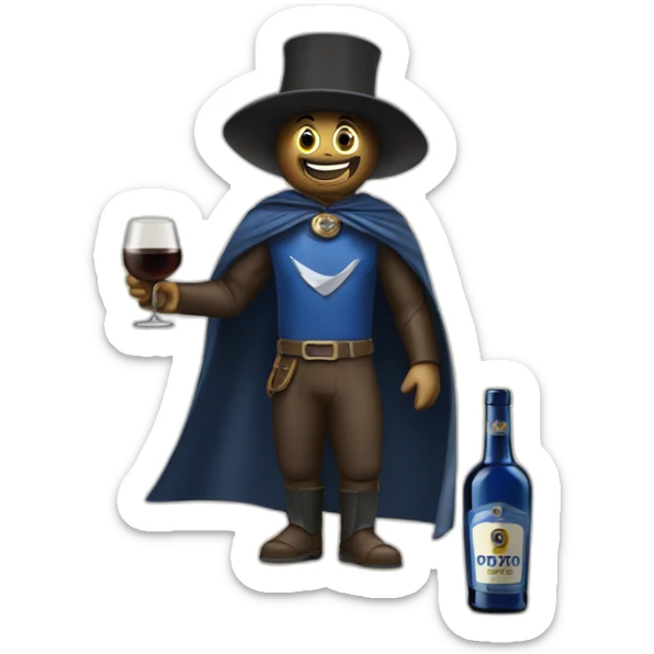 the mascot of the Sandeman brand with his cape and his bottle of Porto sticker