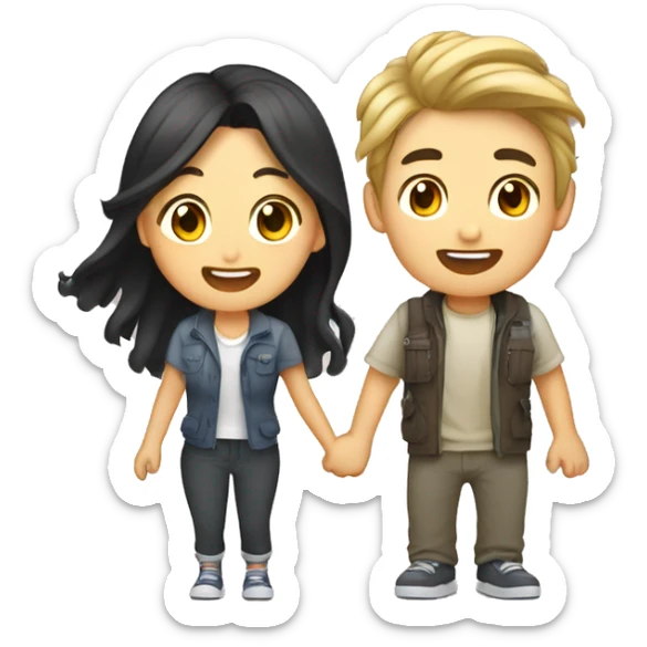 Cute Asian couple (girl with wavy long hair guy with short straight hair) excitedly traveling  sticker