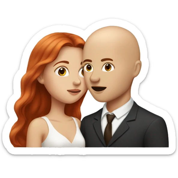 Couple kissing each other, girl is pale with red long hair and man has no hair and is white brown eyebrows sticker