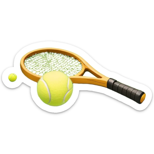 A tennis racket and ball placed on the grass court, with the lines of the court clearly visible in the background. The scene captures the essence of the sport, highlighting the equipment and the vibrant, open atmosphere of a tennis match sticker