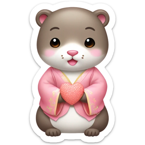 A cute and lovely otter dressed in pastel-colored traditional Korean hanbok, holding a coral-pink heart in its paw. sticker