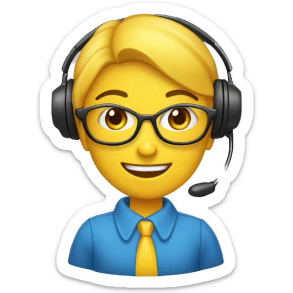 Você é um atendente de telemarketing crie uma emoji com uma blusa amarela e um fone com mãos no computador teclando na blusa adicione a letra M em azul sticker