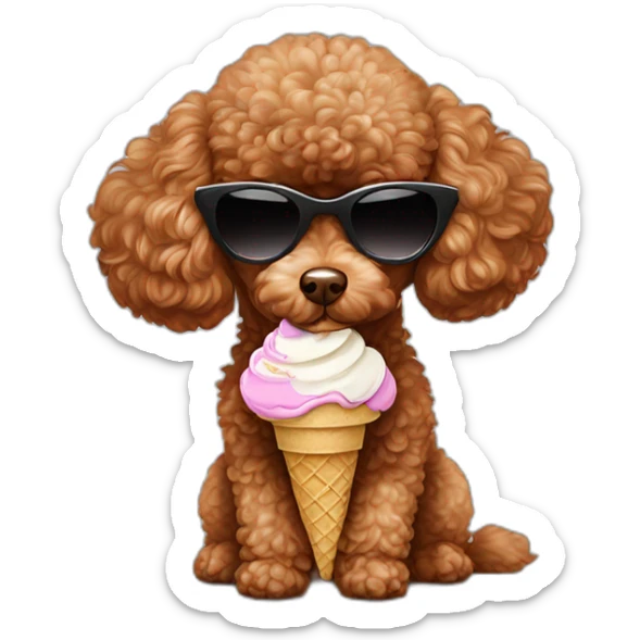 Small red-brown toy poodle eat ice cream and wearing in sunglasses  sticker