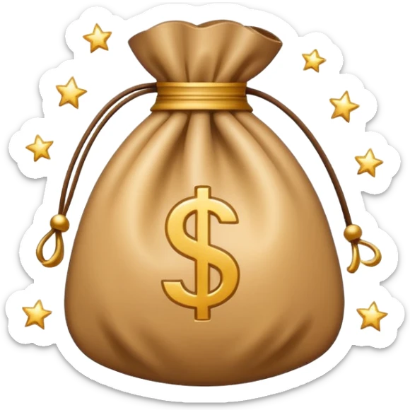 Minimal line-art icon of a money bag with sparkles around it, clean modern style, simple outlines, slight 3D, no background, transparent, represents clean and ethical income. sticker