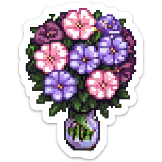 gothic bouquet, mix of black, pink, and purple flowers, cute and chibi, small size, simple details sticker