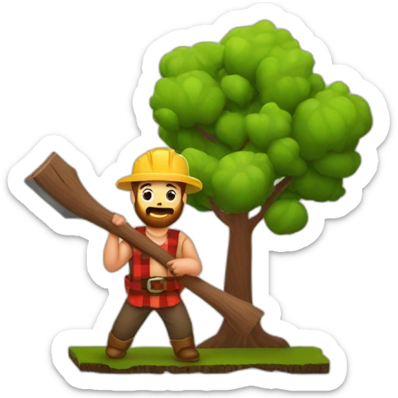 Lumber jack with a baby tree in one hand, and 2x4 lumber board held in the other hand sticker