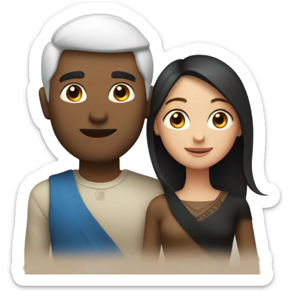 Couple with arms around each other; white woman with blue eyes and brown hair, Indian man with black hair  sticker