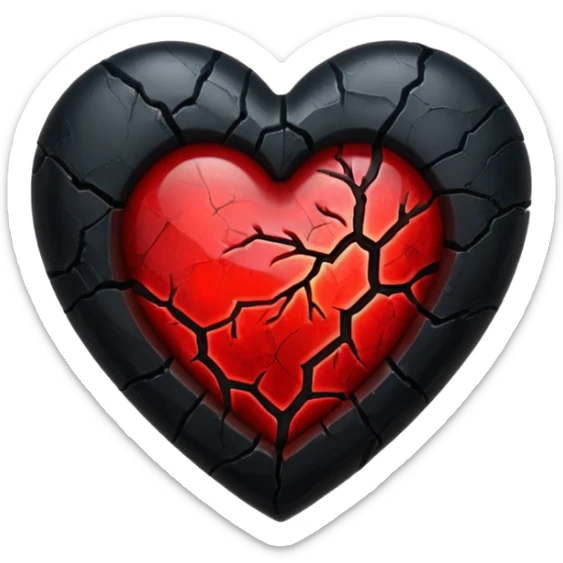 iOS style emoji, dark fantasy heart, black cracked heart, red inner glow, glossy sticker