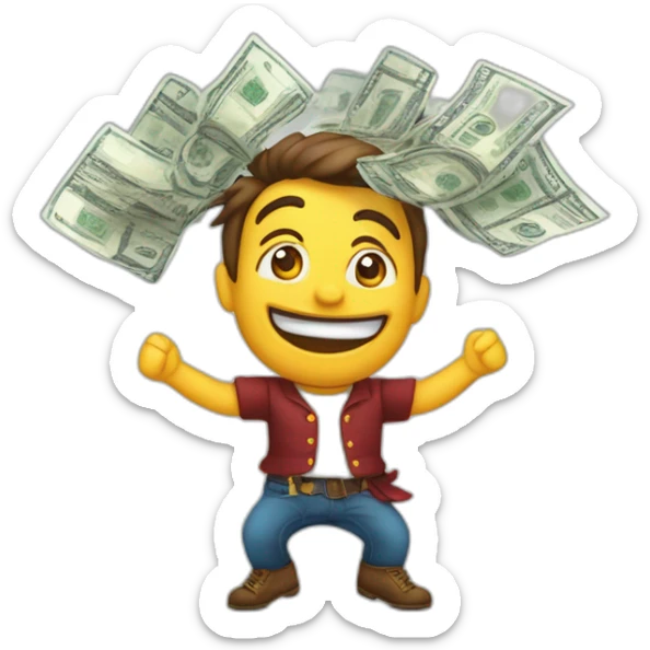 chico festejando estirando los brazos hacia arriba feliz, con billetes volando sticker