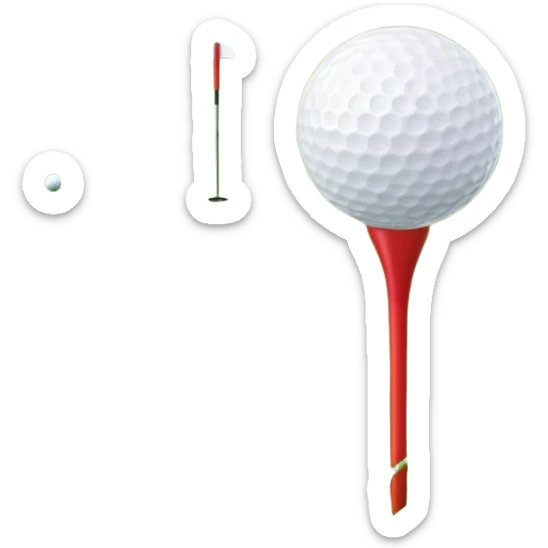 A golf ball resting on the grass of a lush golf course, with a golf club positioned nearby, ready for the next shot. The background features rolling green hills and a clear sky, highlighting the serene and precise nature of the sport. sticker