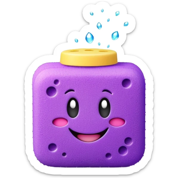 3D emoji of a cute cleaning sponge with smiley face and sparkles, in purple color theme, for cleaning task message sticker