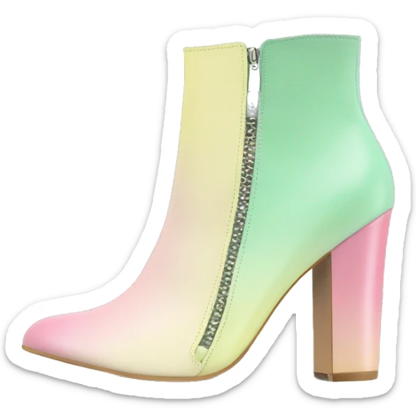 Realistic isolated top front view of a pair of pastel green,pastel yellow,and pastel pink ombre leather cut out high heel ankle bootie boots.  sticker