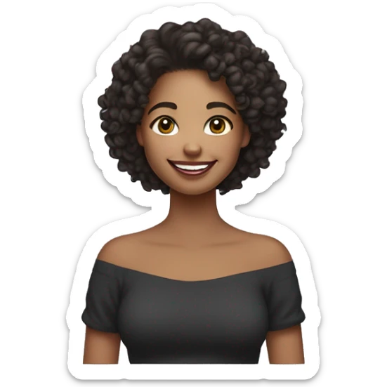 The girl has curly dark hair tied back and a cheerful expression, radiant smile skin tone medium, wearing minimal makeup. off-the-shoulder dark sweatshirt sticker