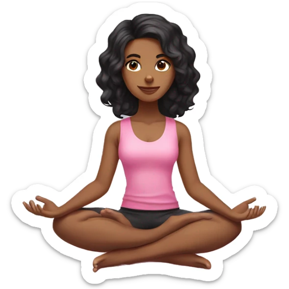 Long wavy BLACK hair LIGHT SKIN DARK BROWN EYES yoga girl wearing pink sitting on yoga mat sticker
