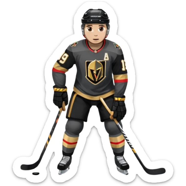 A hockey player in a Vegas Golden Knights black & gold jersey, red accent glow, centered stance, stick on the ice, faceoff position sticker