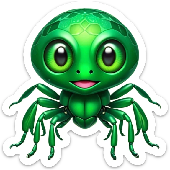 Cinematic Cute Green Bugdie Portrait Emoji, Head tilted playfully and inquisitively, featuring a glossy, vibrant emerald exoskeleton with intricate patterns, round, sparkling multifaceted eyes filled with curiosity, Simplified yet irresistibly adorable features, highly detailed, glowing with a warm, friendly glow, high shine, affectionate and lively, stylized with a touch of whimsy, bright and endearing, soft glowing outline, capturing the essence of a mischievous yet charming bug, so playful it feels like it could buzz out of the screen and into your arms! sticker