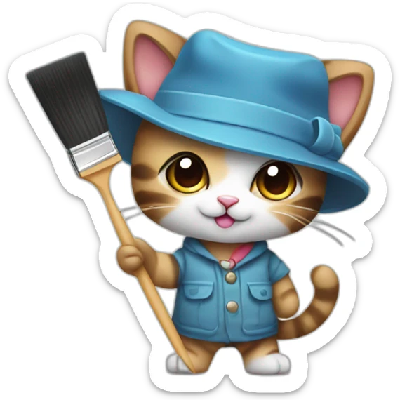 Kawaii cat artist in hat holding palette and brush so it can be used as a mouse cursor sticker