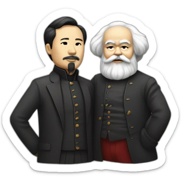 Li Hongzhi and Karl Marx, two human mentors, arm in arm，team up，rub shoulders, hooking up sticker