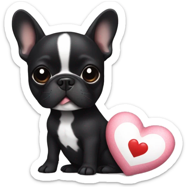 Black french bulldog with a tiny white mark on chest. Holding a heart pillow  sticker