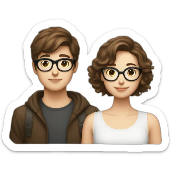 italian young cool couple brown hairs and white skin, boy with rounded glasses sticker