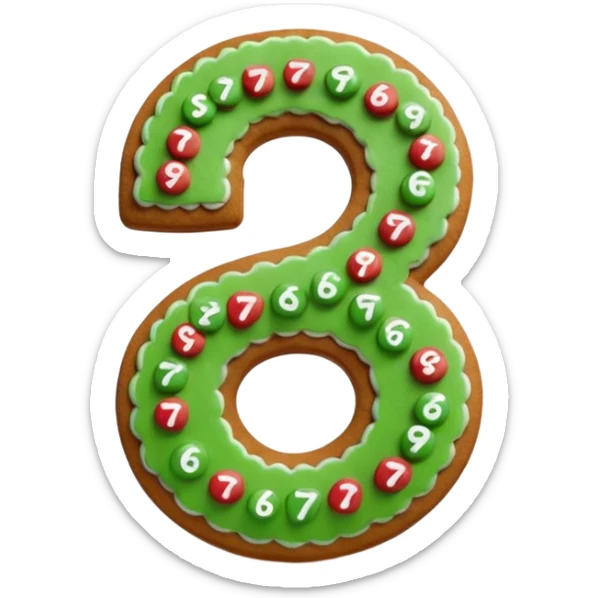 3D emoji of numbers "67" made of gingerbread cookie. Decorated with detailed white sugar icing patterns, tiny red and green candy sprinkles. Warm and cozy aesthetic, soft shadows, 3D clay style, high quality, isolated on a white background. sticker