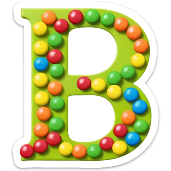 A stylized S letter made of rainbow colors next to a few green round candies, extremely minimal Skittles representation. sticker