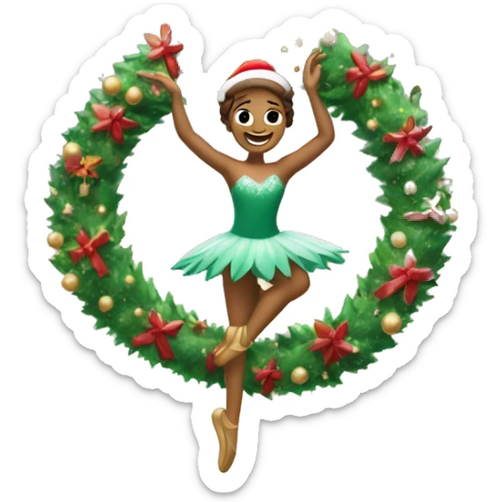 A cartoon Christmas wreath with long arms and legs is dancing ballet in the snow sticker