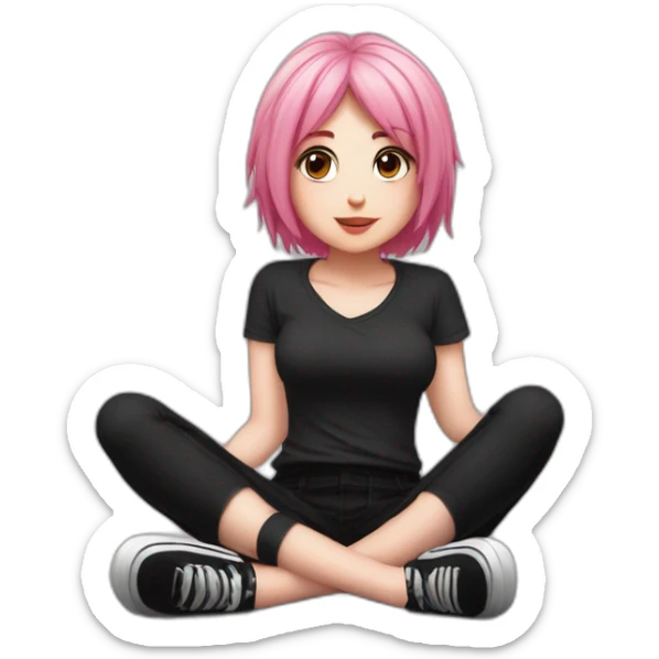 Full body Front view curvy emo girl pink hair sits on the floor straight view hands up black skirt белые трусики рваные полосатые чулки sticker