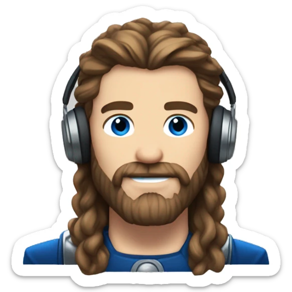 Thor-like hair, beard, blue eyes, brown hair, 35-year-old shy man with headphones on sticker