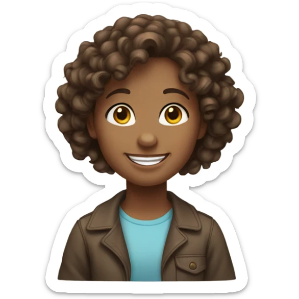 A girl with brown hair and brown eyes and curly hair saying hello sticker