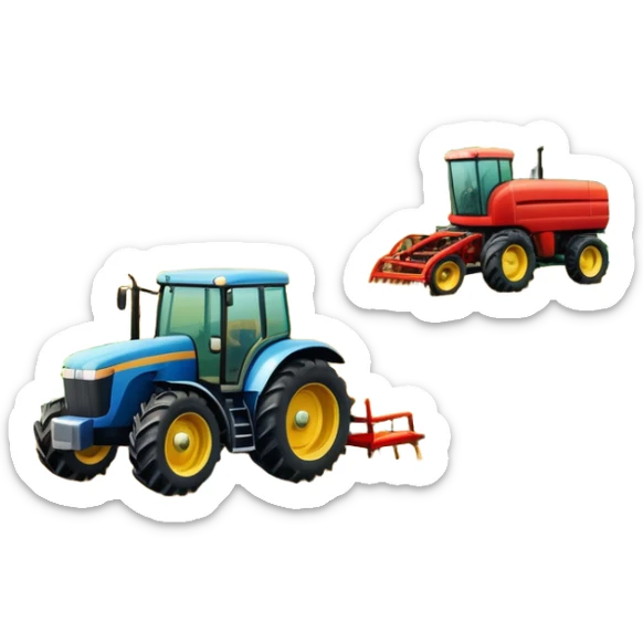 An icon featuring a large farming tractor in the middle of a lush field, with crops ready for harvest. The design includes farming tools, a barn in the distance, and a vibrant landscape, symbolizing the immersive world of agricultural simulation. Transparent background. sticker