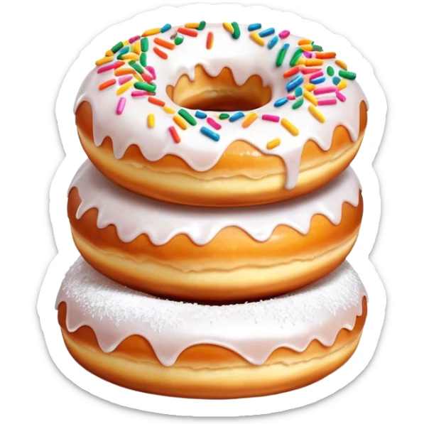 Cinematic fluffy donuts, perfectly golden and dusted with powdered sugar, vibrant icing with sprinkles, stacked in a playful arrangement, soft glowing highlights, warm and inviting. sticker