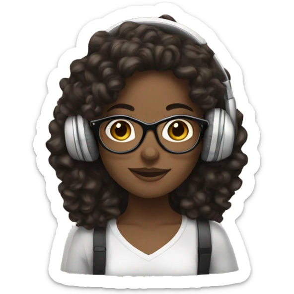 white girl with long dark brown curly hair, glasses, and headphones on sticker