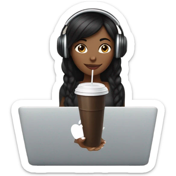 A girl with black hair is wearing black over - ear headphones. She is holding an iced Americano in one hand and a MacBook in the other sticker