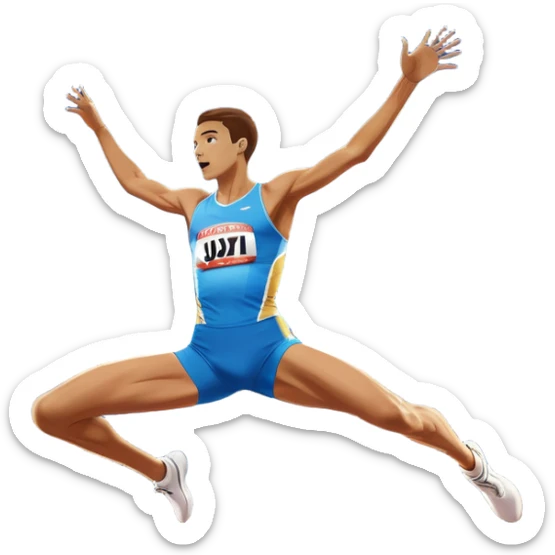 An icon showing a high jumper in mid-air, soaring over a bar in a track and field event. The background features a stadium with cheering fans, bright lights, and a clear blue sky. The athlete’s form captures the grace and power of the jump. Transparent background highlights the dynamic moment sticker