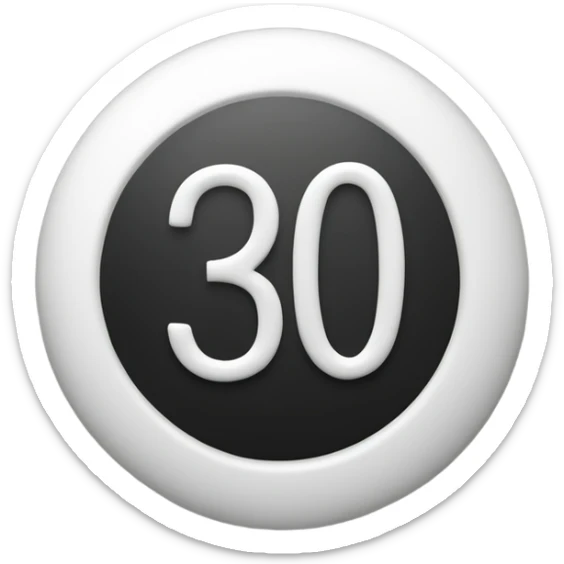 white circle  and the number 30 in black in the middle of the circle.  sticker