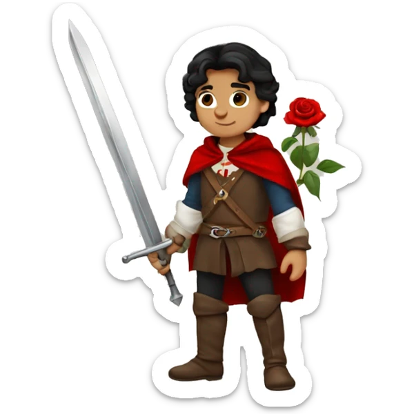 canela skin boy dark hair musketeer with red rose shoulder medieval cape and sword sticker
